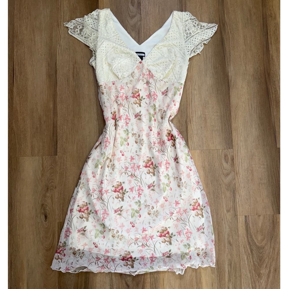 Vintage Prairie Cottage Floral Lace Midi Dress Pink Cream 12 y2k soft romantic